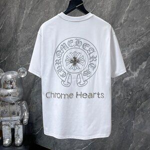 CH White Crew Neck Short-Sleeve Shirt With Hot Stamping And Rhinestones